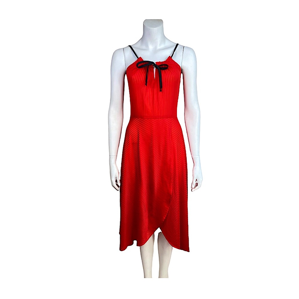Vintage 70s Halter Midi Dress Tulip Hem Cherry Red Keyhole Neckline Tie Neck S